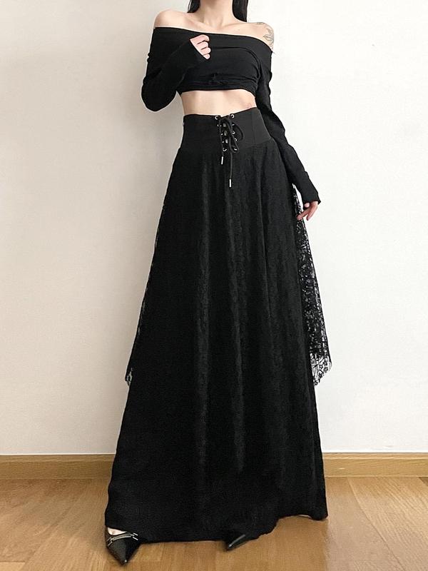 Women's Goth Solid Color Tiered Layer Asymmetrical Hem Maxi Lace Skirt, Street Fashion Y2K Lace Up Grommet Eyelet High Waist A Line Skirt for Daily Outdoor Wear, Ladies Bottoms for All Seasons