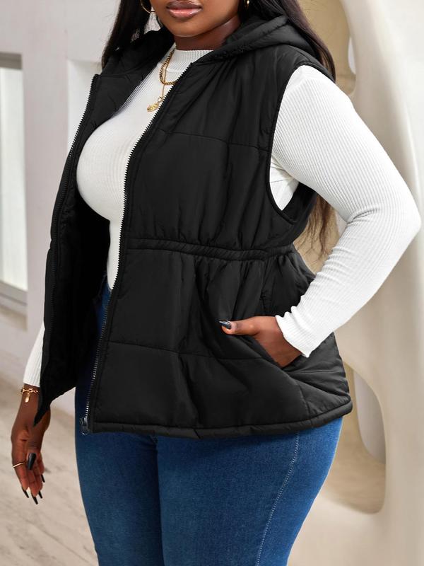 CURVZY Plus Size Solid Pocket Zipper Hooded Vest Coat, Casual Sleeveless Outerwear for Fall & Winter, Women's Clothes for Daily Wear