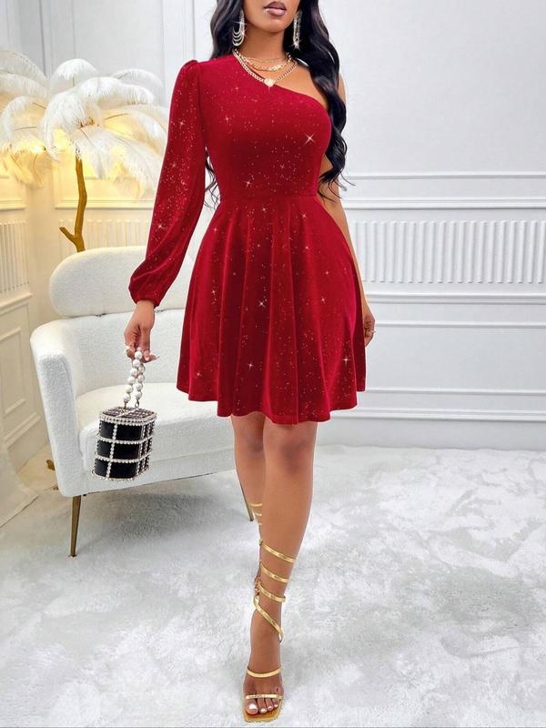 Women's Glitter One Shoulder Velvet Dress, Elegant Bishop Sleeve A Line Short Dress for Party Dating Wear, Ladies Clothes for All Seasons