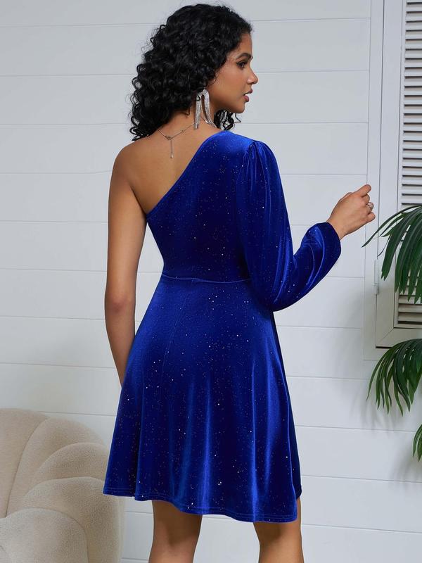 Women's Glitter One Shoulder Velvet Dress, Elegant Bishop Sleeve A Line Short Dress for Party Dating Wear, Ladies Clothes for All Seasons