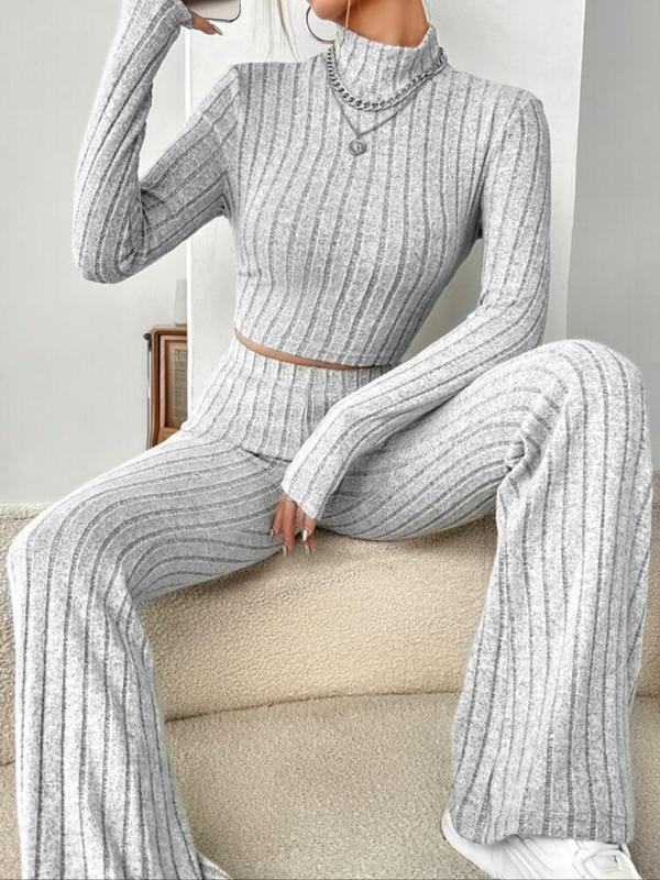 Women's Striped Ribbed Crop Top & Elastic Waist Pants Loungewear Two-piece Set, Casual Comfy Long Sleeve High Neck Top & Trousers Set, Ladies Sleepwear for Fall & Winter, Autumn Wear