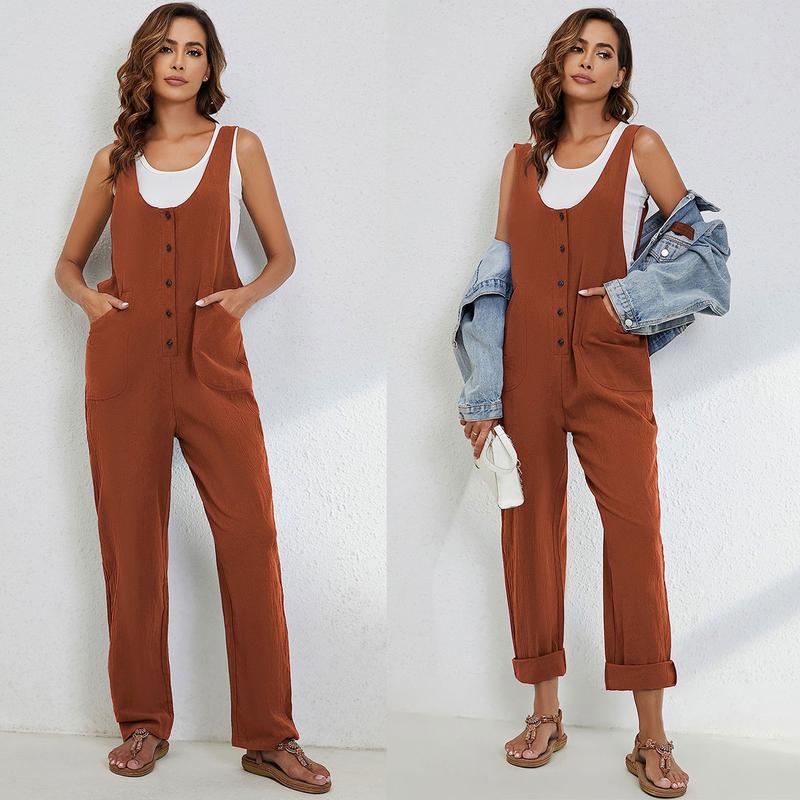 Yeokou Women's Overall Linen Cotton Jumpsuit Loose Casual Jumper with Pockets Womenswear Underwear