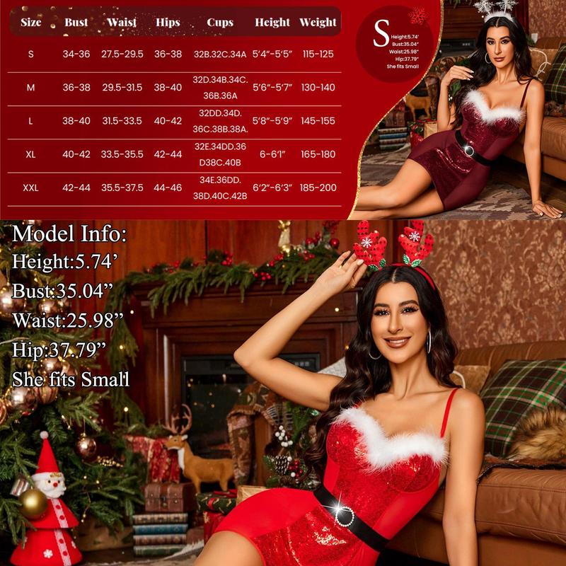 Avidlove Womenswear Christmas Hot Lingerie for Women Sequin Chemise with Belt  Santa Outfit