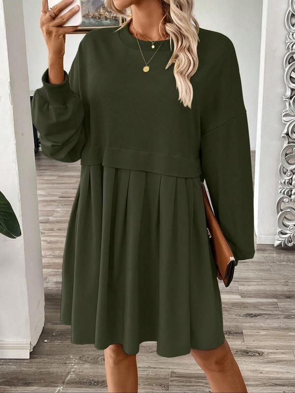 Women's 2 in 1 Patchwork Pleated Drop Shoulder Sweater Dress, Casual Long Sleeve Round Neck Short Dress for Spring & Fall, Women's Clothing for Daily Wear