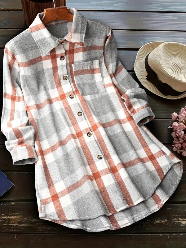 Women's Colorblock Plaid Print Button Front Curved Hem Shirt, Casual Long Sleeve Collared Pocket Top for Fall & Winter, Ladies Clothes for Daily Wear