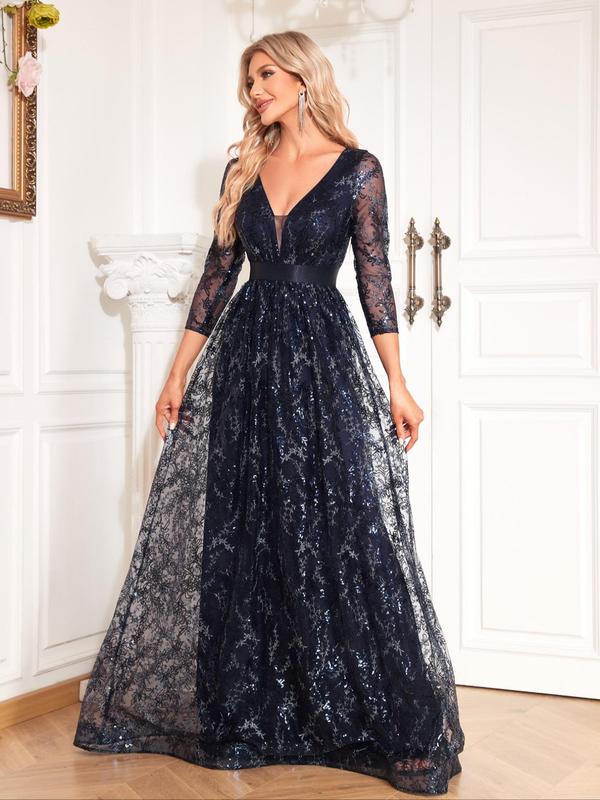 Women's Floral Sequins Contrast Mesh V Neck Evening Dress, Elegant Formal Wear, Three Quarter Length Sleeve Maxi Dress For Party Banquet, Women's Clothing For Spring & Fall