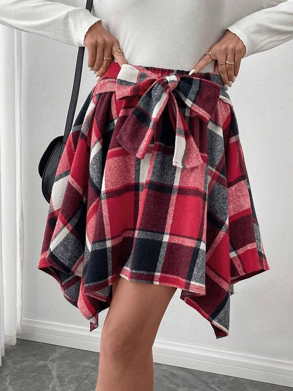 Women's Plaid Print AsymmetricalHem Skirt, Casual High Waist Short Skirtfor Fall & Winter, Women's Bottoms forDaily Wear