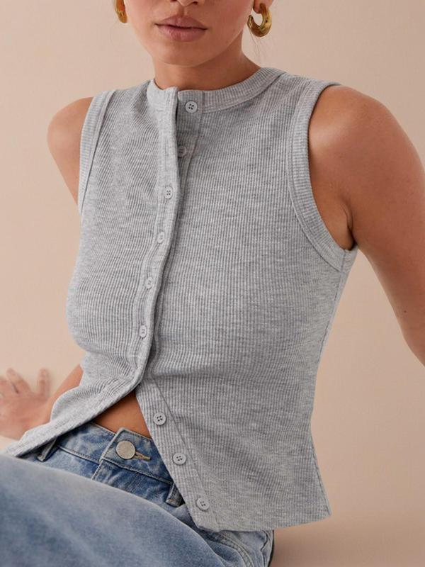 Women's Plain Button Front Ribbed Tank Top, Tank Tops for Women, Casual Sleeveless Round Neck Top for Daily Wear, Ladies Clothes for Fall, Fall Outfits, Fallfreshness Clothes,  Birthday Gifts