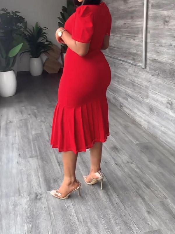 Plus Size Solid Ruched Pleated Puff Sleeve Bodycon Dress, Elegant Round Neck Short Sleeve Midi Dress for Party Holiday Wedding Guest, Women's Clothes for All Seasons