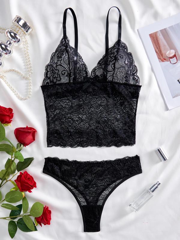 Women's 2pcs Solid Hollow Out Lace Lingerie Set, Comfy Breathable Sexy Push Up Bra & Panty, Fashion Comfy Women's Sexy Lingerie Set For All Seasons