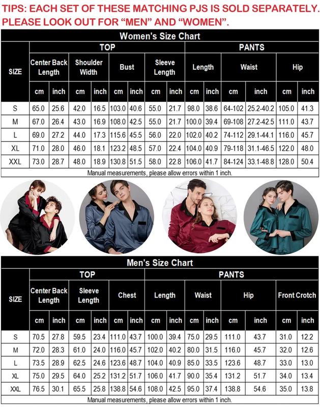 SWOMOG Pajama Sets Women & Men Silky Satin Long Sleeve Sleepwear Classic Button Down Soft Loungewear Couple Christmas Pajama Set Fit Womenswear