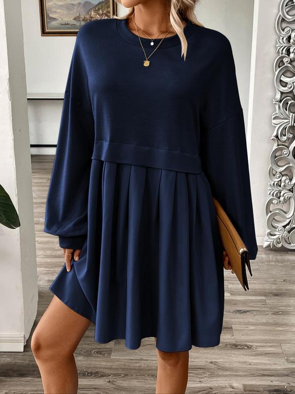 Women's 2 in 1 Patchwork Pleated Drop Shoulder Sweater Dress, Casual Long Sleeve Round Neck Short Dress for Spring & Fall, Women's Clothing for Daily Wear