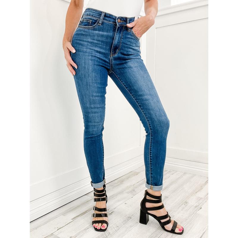 Judy Blue TESSA Hi-Rise Cuffed Hem No Distressing Skinny Denim Jeans