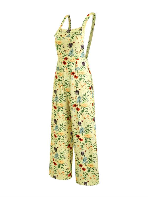 Women's Floral Print Button Overalls Vintage Jumpsuit, Casual Square Neck Wide Leg Overalls Jumpsuit for Fall, Back To School Outfits, Women's Clothes for Daily Wear, Black Girl Outfits  Preppy 80s Clothes