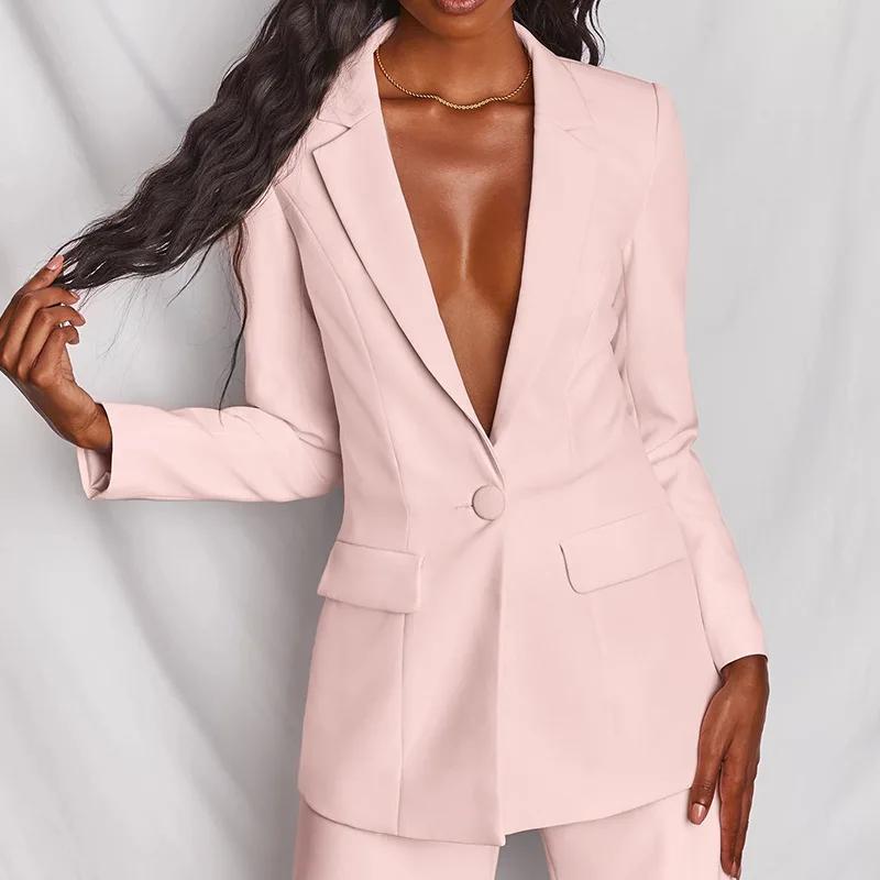 2 Piece Outfits for Women,Women's Sexy Deep V Neck Business Casual Office Suits Wide Leg Pants Suits Jacket