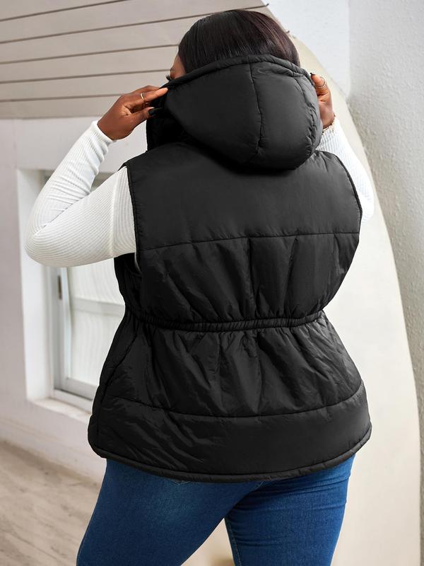 CURVZY Plus Size Solid Pocket Zipper Hooded Vest Coat, Casual Sleeveless Outerwear for Fall & Winter, Women's Clothes for Daily Wear