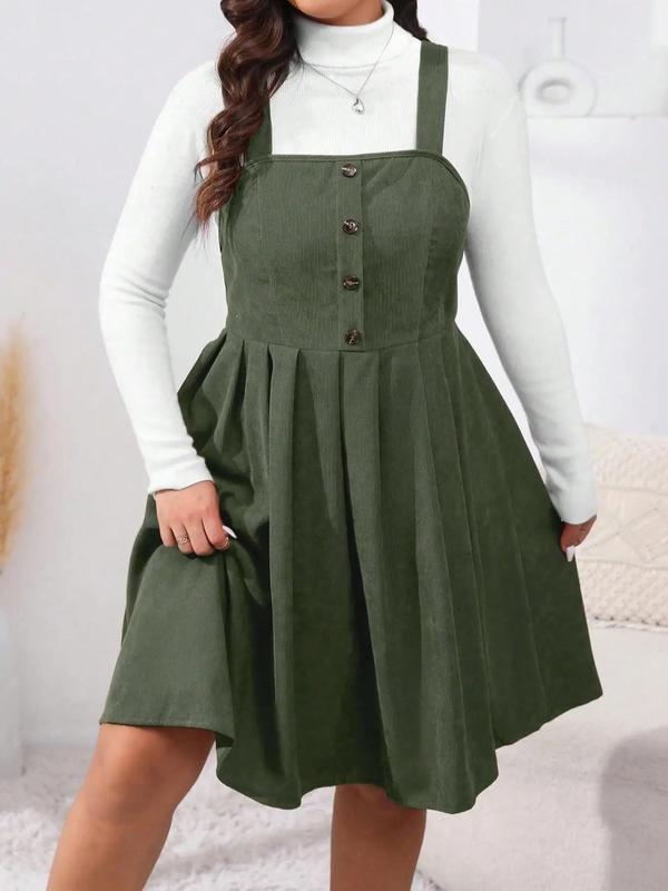 Plus Size Solid Button Front Plicated Pinafore Dress without Inner Top, Homecoming Dresses, Casual Sleeveless High Waist Dress for Spring & Fall, Women's Clothes for Daily Wear, Dresses for Women