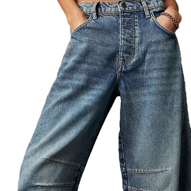 Mid Rise Barrel Jeans for Women Wide Leg Mid Waist Cropped Denim Pants Y2k Baggy Boyfriend Jeans with Pockets casual jean