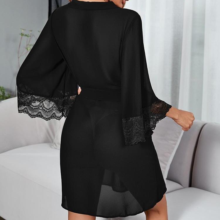 Three Colors Optional, W Robe + Belt, Chiffon Lace Patchwork Perspective Robe, New Europe And The United States Hot Pajamas Ladies Cardigan Robe, Black, White, Red Womenswear Gowns Loungewear Nightwear Women Comfort Basic Minimalist