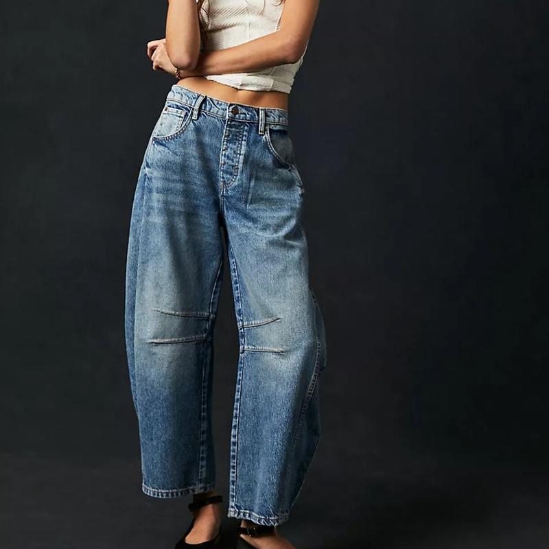 Mid Rise Barrel Jeans for Women Wide Leg Mid Waist Cropped Denim Pants Y2k Baggy Boyfriend Jeans with Pockets casual jean