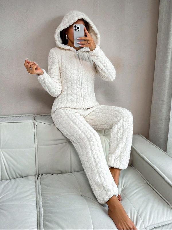 Women's Solid Zip Up Fleece Lined Hooded Jumpsuit, Casual Long Sleeve Jumpsuit for Fall & Winter, Women's Sleepwear for Indoor Wear