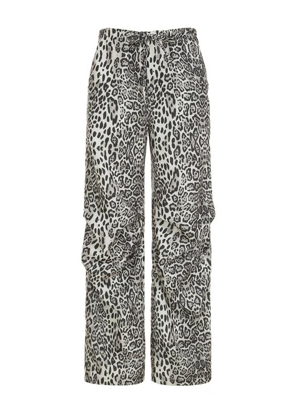 Women's Leopard Print Drawstring Waist Pants, Casual Pocket Straight Leg Trousers for Daily Wear, Ladies Bottoms for All Seasons