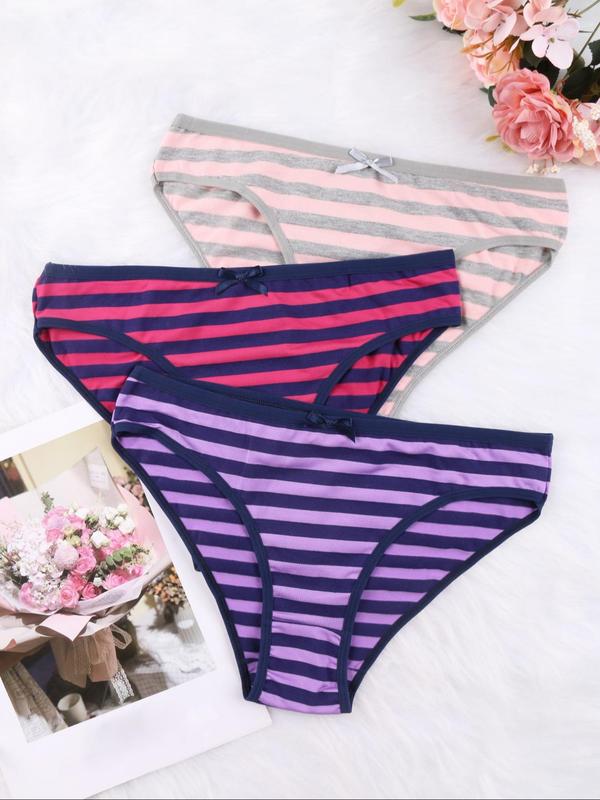 Women's Striped Print Bow Decor Briefs, Soft Comfy Breathable Knicker for Daily Wear, Underwear for All Seasons