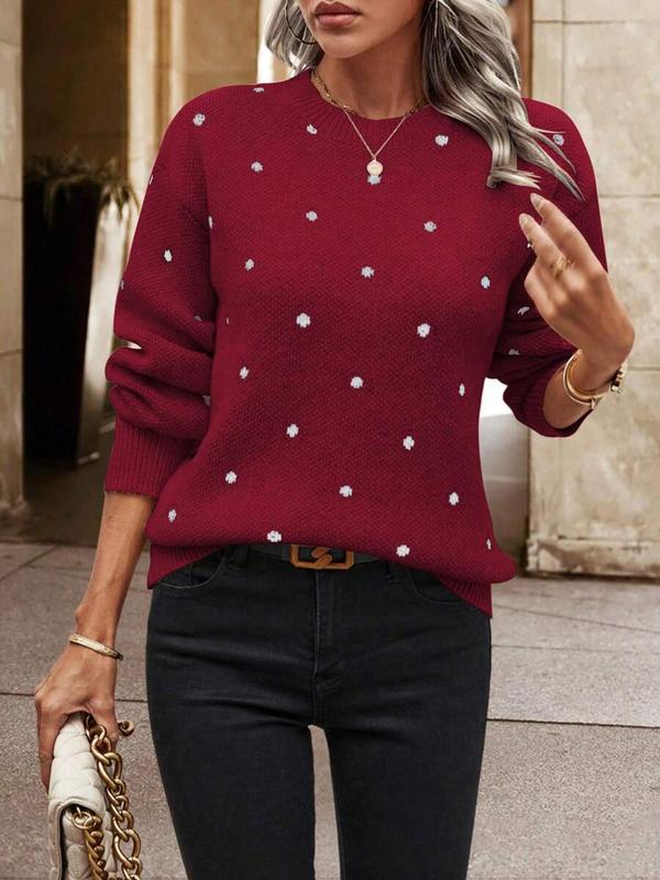 Women's Polka Dot Print Drop Shoulder Sweater, Casual Long Sleeve Round Neck Jumper for Fall & Winter, Fall Clothes, Pullover Sweaters for Women, Fashion Ladies' Knitwear for Daily Wear, Fall Outfits, Fallfreshness, Vintage Clothing, Preppy 80s Clothes