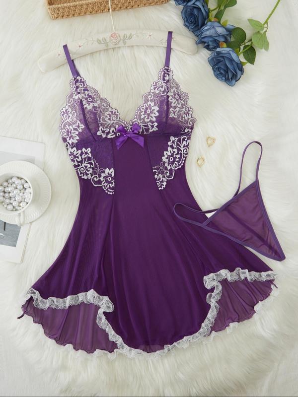 Women's Contrast Lace Bow Decor Tulle Cami Nightdress & Sheer Thong, Romantic Adjustable Spaghetti Strap Asymmetrical Hem V Neck Nightgown & Thong Set, Women's Sleepwear for All Seasons