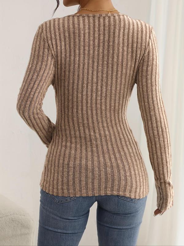 Women's Plain Wrap V Neck Ribbed Tee, Elegant Long Sleeve T-shirt for Fall & Winter, Women's Clothing for Daily Wear