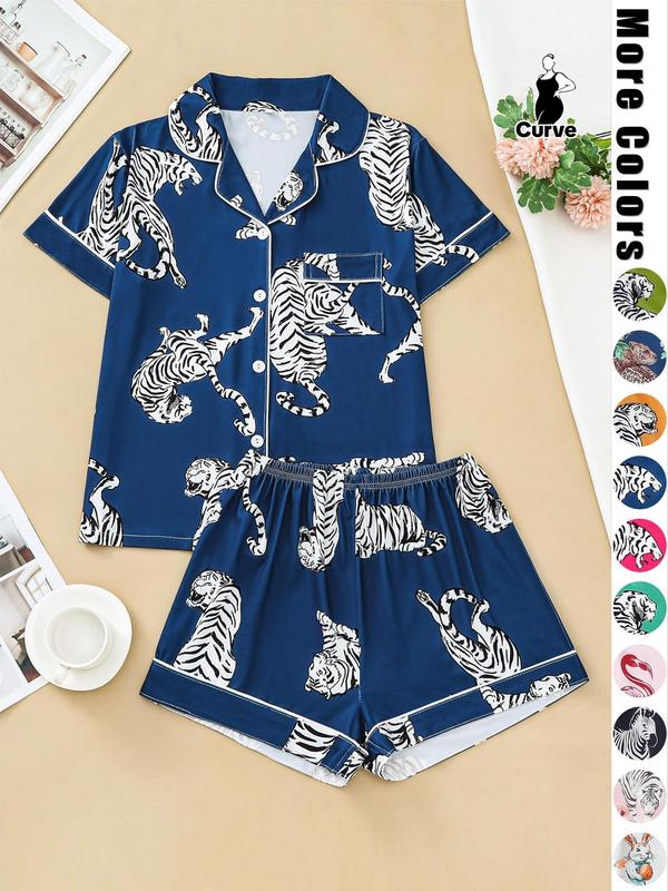 Plus Size Two-piece Set Animal Print Contrast Binding Lapel Sleep Shirt & Shorts Pyjama Set, Pajama Sets Women, Plus Casual Button Front Short Sleeve Top & Shorts Pj Set, Back To School Wear, Lounge Set, Women's Fall Plus Sleepwear