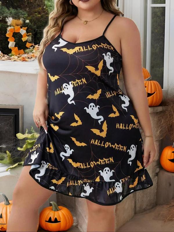  Contrast Binding Ruffle Hem Cami Nightdress, Cute Casual Halloween Themed Cartoon Ghost Print Spaghetti Strap Nightgown for All Seasons, Women's Plus Sleepwear for Daily Wear