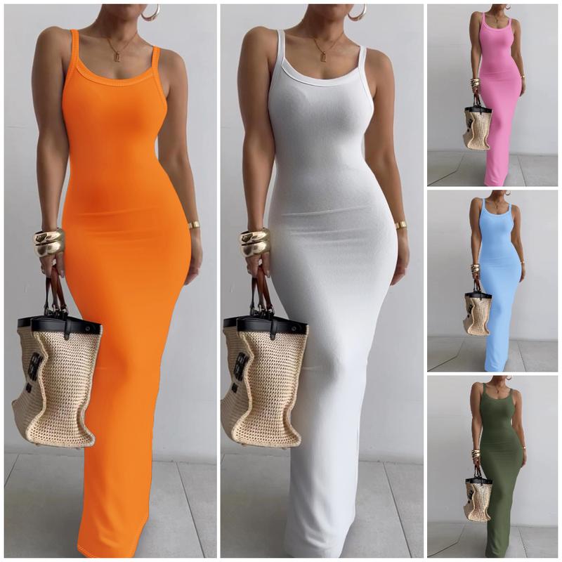 ChicMe Women Spaghetti Strap U-Neck Casual Maxi Dresses Slim Fit Cami Dress Party Club Bodycon Dress Womenswear Breathable