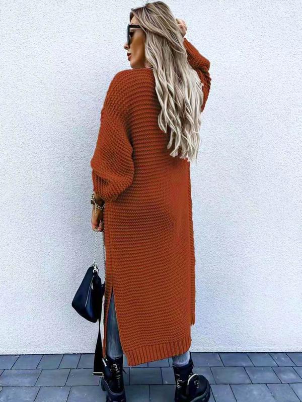 Women's Solid Color Split Hem Drop Shoulder Long Cardigan, Casual Open Front Long Sleeve Knitwear for Fall & Winter, Women's Knit Clothing for Daily Wear