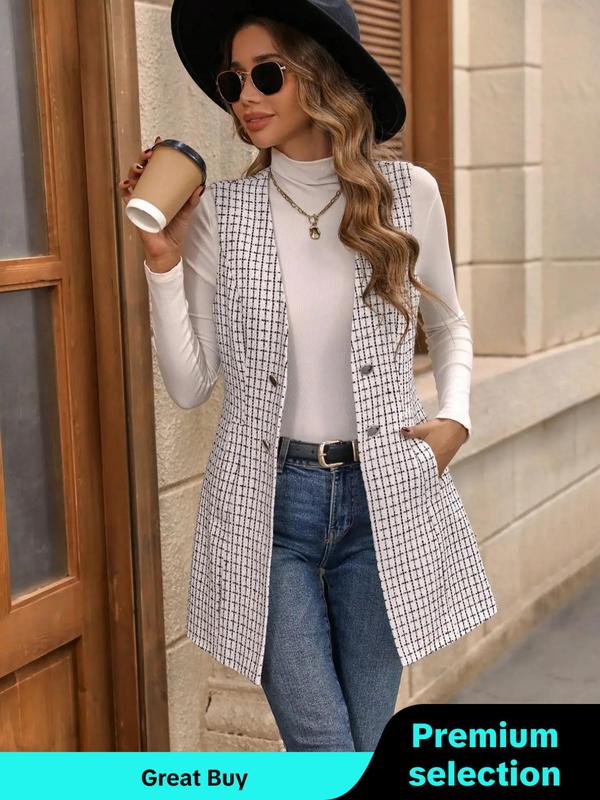 Women's Plaid Print Button Pocket V Neck Suit Vest, Casual Sleeveless Open Front Outerwear for Spring & Fall, Coats for Winter Women 2024, Ladies Clothes for Daily Wear