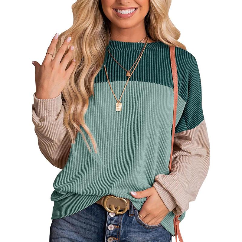 Womens Fashion Color Block Long Sleeve Crewneck Knitted Casual Loose Pullover Shirts Tops Spring Womenswear Denim Elastic