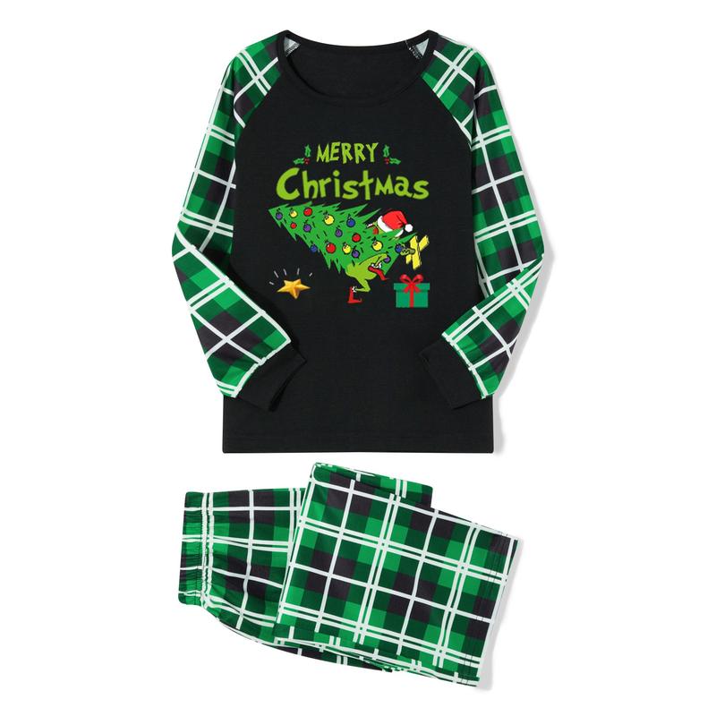 Green Christmas Pajamas for Family Funny Elf Stole Tree Print Long Sleeve Tops + Trousers Set Holiday Nightwear