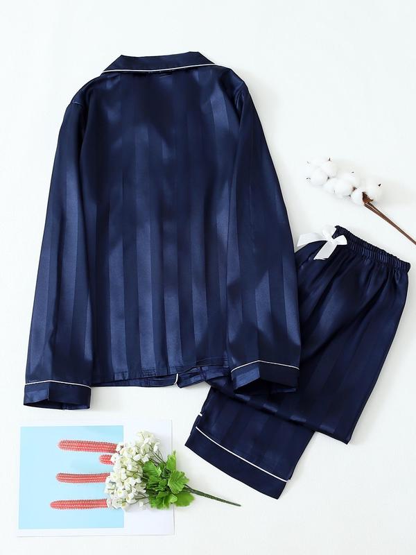 Two-piece Set Women's Plain Striped Print Lapel Neck Button Front Pajama, Long Sleeve Pocket Shirt & Elastic Waist Pants Pj Set, Women's Sleepwear for Spring & Fall