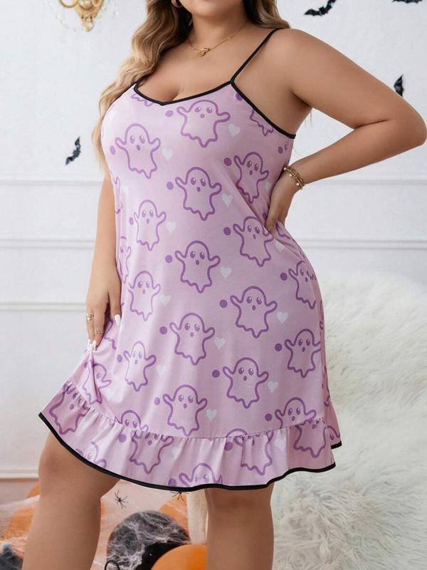  Contrast Binding Ruffle Hem Cami Nightdress, Cute Casual Halloween Themed Cartoon Ghost Print Spaghetti Strap Nightgown for All Seasons, Women's Plus Sleepwear for Daily Wear