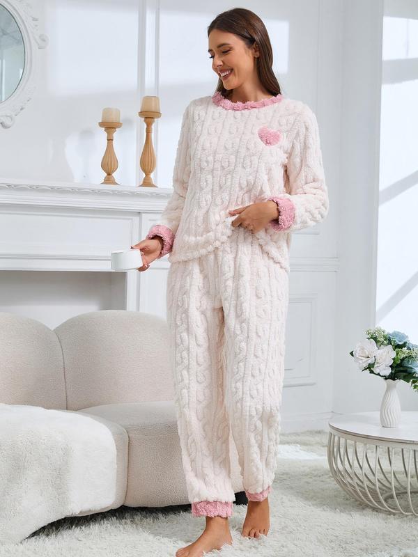 Two-piece Set Women's Heart Embroidery Drop Shoulder Pajama, Casual Comfy Long Sleeve Top & Pants Pj Set, Women's Sleepwear for Fall & Winter