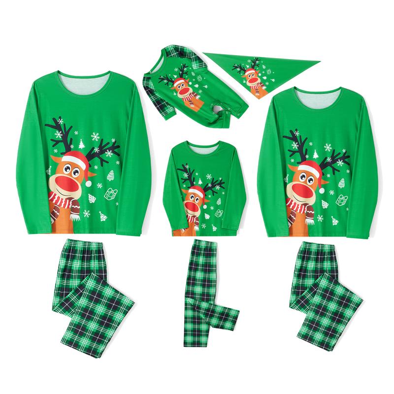 Christmas Pajamas for Family, Long Sleeve Deer Tops + Plaid Pants Set for Adults, Kid, Baby, Dog