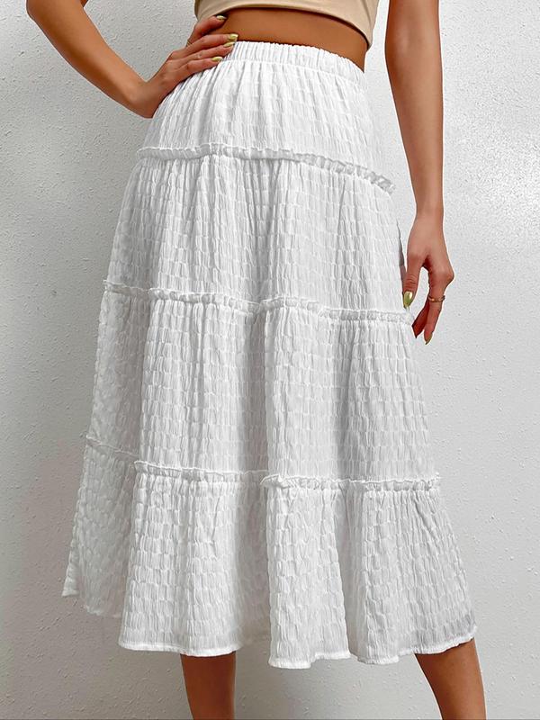 Women's Textured Frill Trim High Waist A Line Skirt, Casual Elastic Waist Midi Skirt for Beach Holiday Vacation, Ladies Summer Clothes