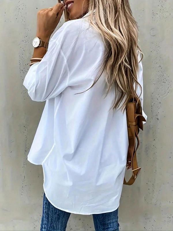 Women's Plain Button Front Pocket Shirt, Casual Drop Shoulder Long Sleeve Blouse Top for Spring & Fall, Women's Clothing for Daily Wear