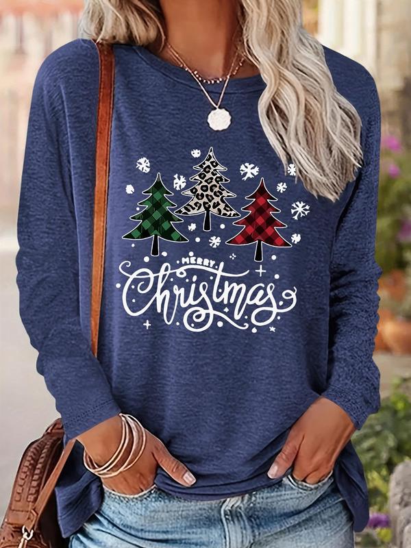 Women's Christmas Tree & Letter Print Drop Shoulder Tee, Casual Long Sleeve Round Neck Pullover for Daily Wear, Ladies Fall & Winter Clothes