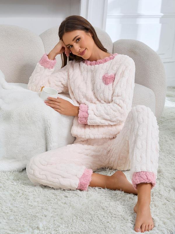 Two-piece Set Women's Heart Embroidery Drop Shoulder Pajama, Casual Comfy Long Sleeve Top & Pants Pj Set, Women's Sleepwear for Fall & Winter