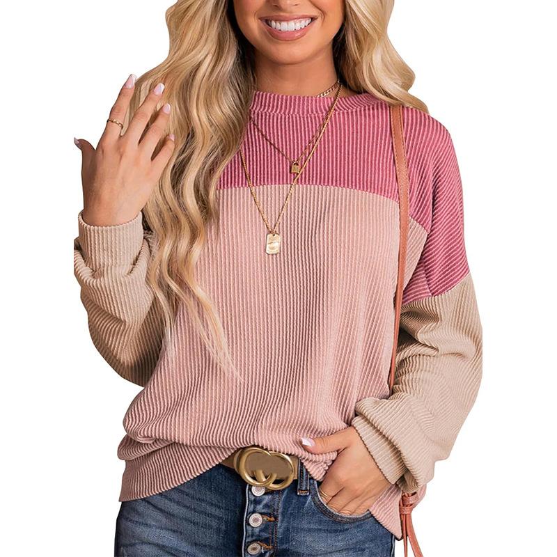 Womens Fashion Color Block Long Sleeve Crewneck Knitted Casual Loose Pullover Shirts Tops Spring Womenswear Denim Elastic