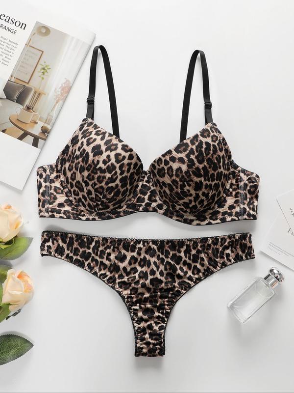 Two-Piece Set Women's Leopard Print Underwear Set, Sexy Adjustable Strap Push Up Bra & Thong Panty Set for Daily Wear, Lingerie Set for Women