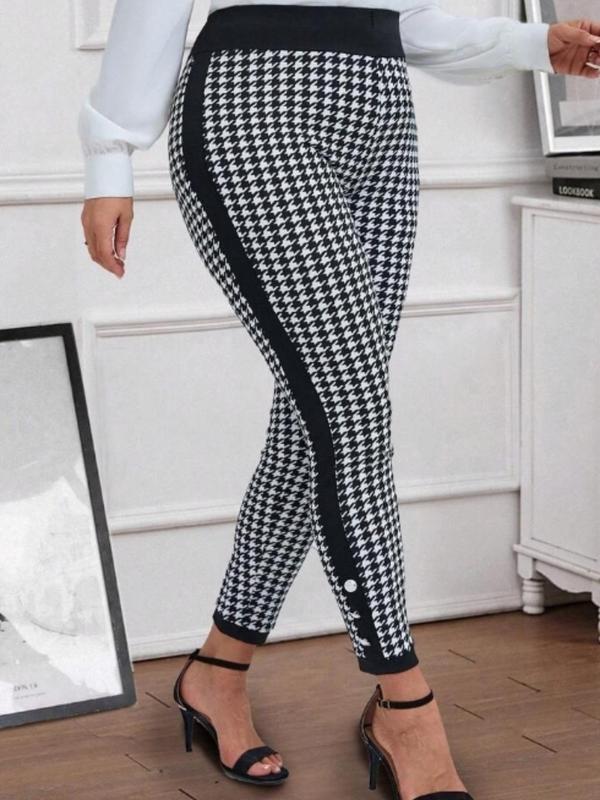  Houndstooth Print Side Stripe Button Leggings, Casual Comfy Skinny Pants for Daily Wear, Women's Bottoms for Spring & Fall