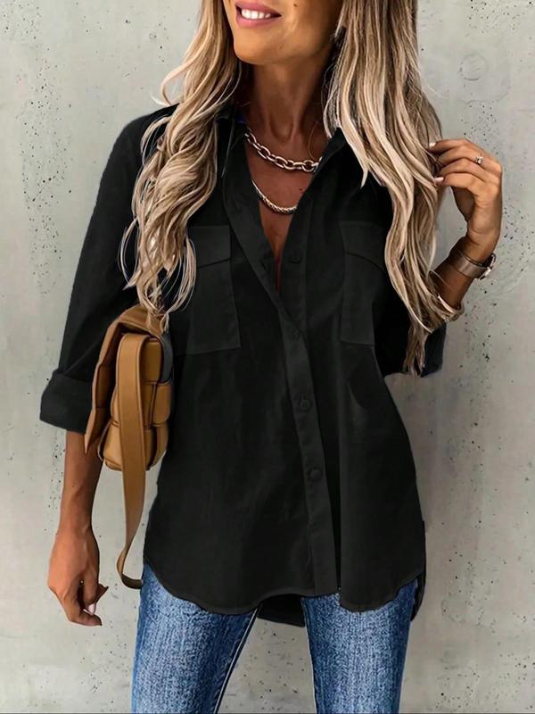 Women's Plain Button Front Pocket Shirt, Casual Drop Shoulder Long Sleeve Blouse Top for Spring & Fall, Women's Clothing for Daily Wear