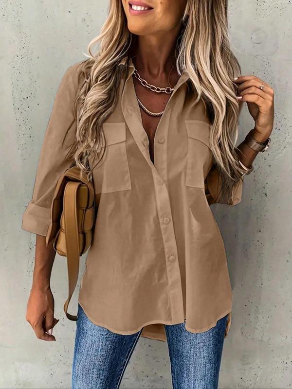 Women's Plain Button Front Pocket Shirt, Casual Drop Shoulder Long Sleeve Blouse Top for Spring & Fall, Women's Clothing for Daily Wear